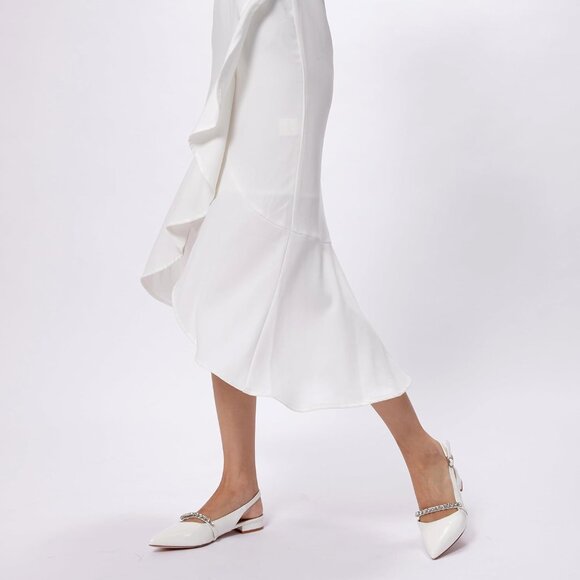 Women White Patent Polyurethane (PU) Rhinestone Pointed Toe Slingback Flats - Picture 9 of 9